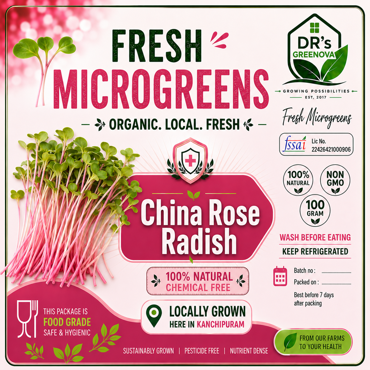 Fresh China Rose Radish Microgreens - 100 g